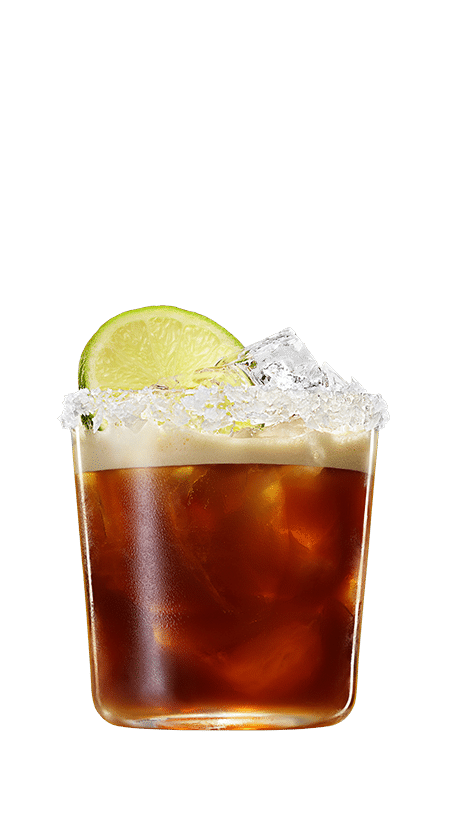 Coffee Margarita garnished with a lime wheel in front of a transparent background