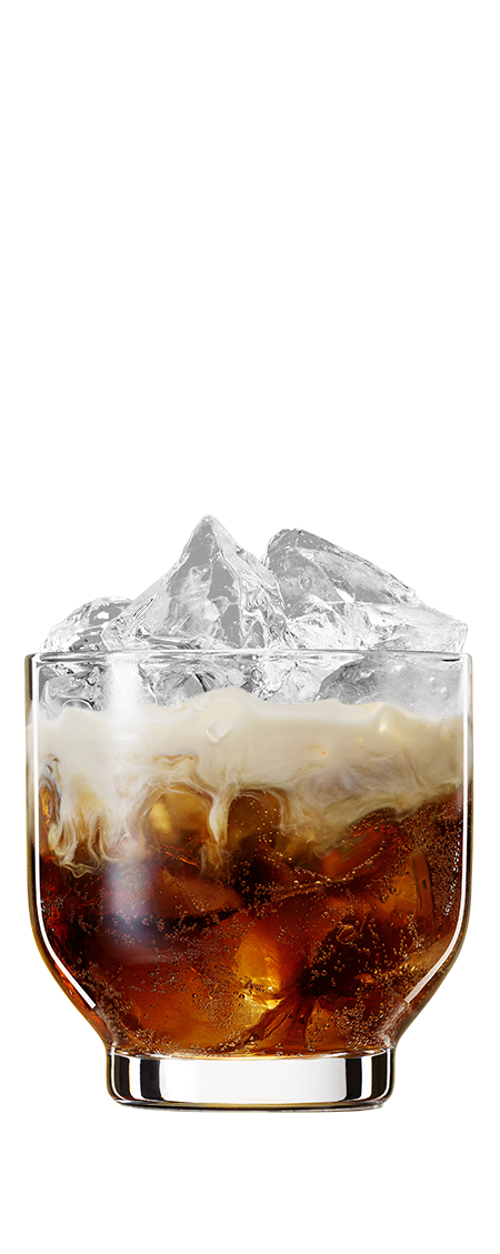 Colorado bulldog drink with cream and ice cubes in front of a transparent background