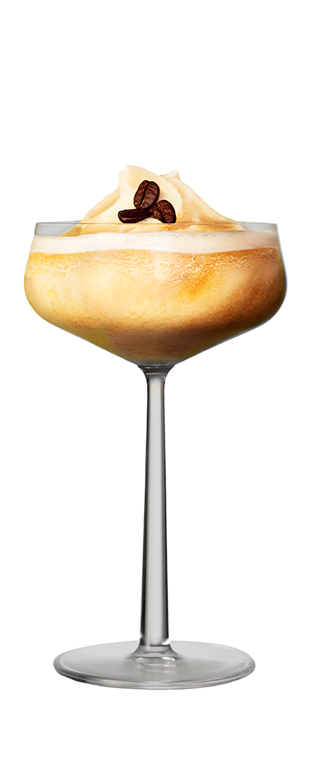 Frozen espresso martini garnished with three coffee beans in front of a transparent background