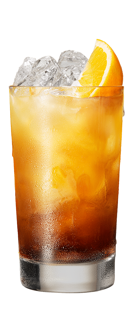 Kahlúa and orange juice with an orange slice and ice in front of a transparent background