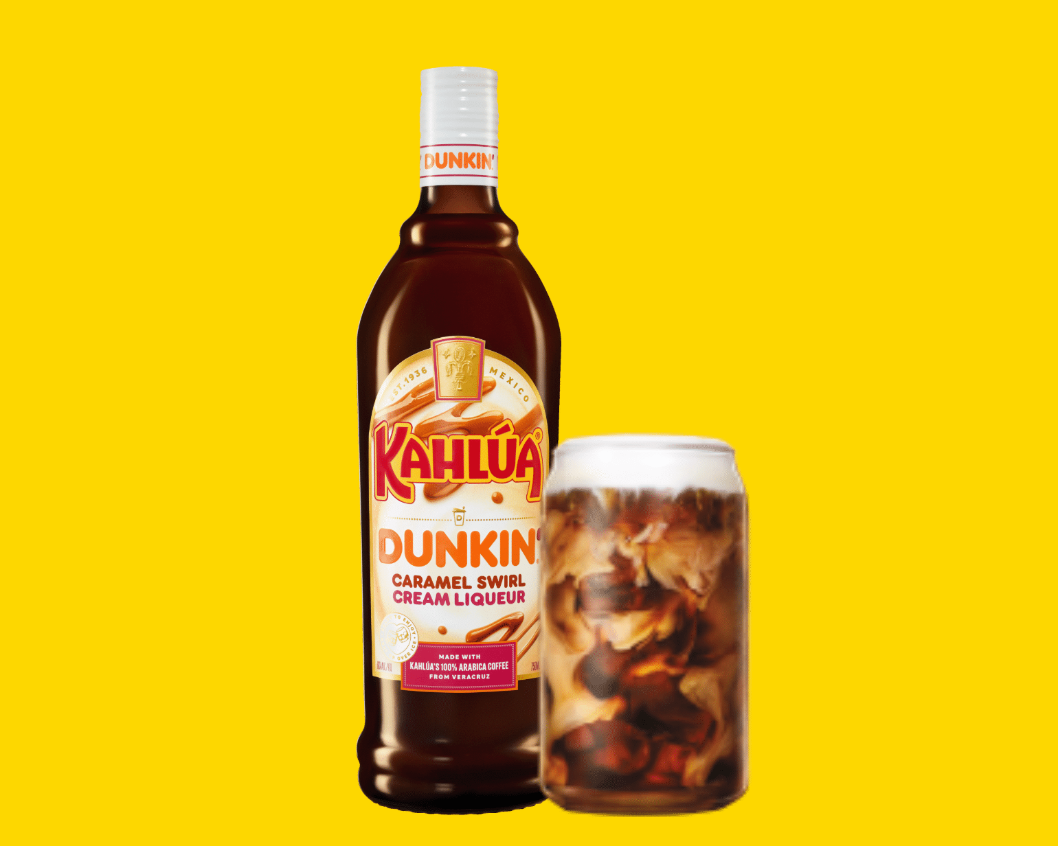 Kahlua-Dunkin-Cold-Brew with Kahlúa dunkin' bottle placed in front of a yellow background